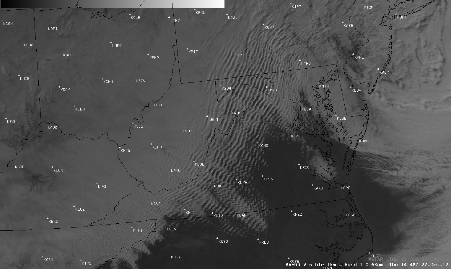 POES AVHRR 0.63 Âµm visible channel image with METAR surface reports