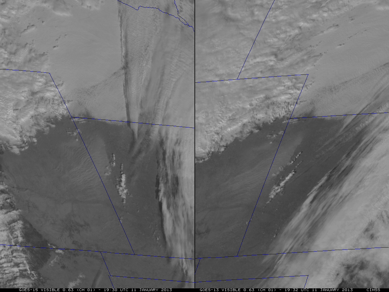 GOES-15 (left) and GOES-13 (right) 0.63 Âµm visible channel images (click image to play animation)