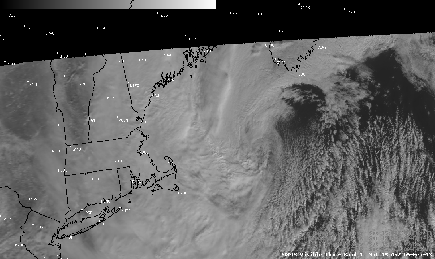 MODIS 0.65 Âµm visible image with surface/buoy reports and surface analysis