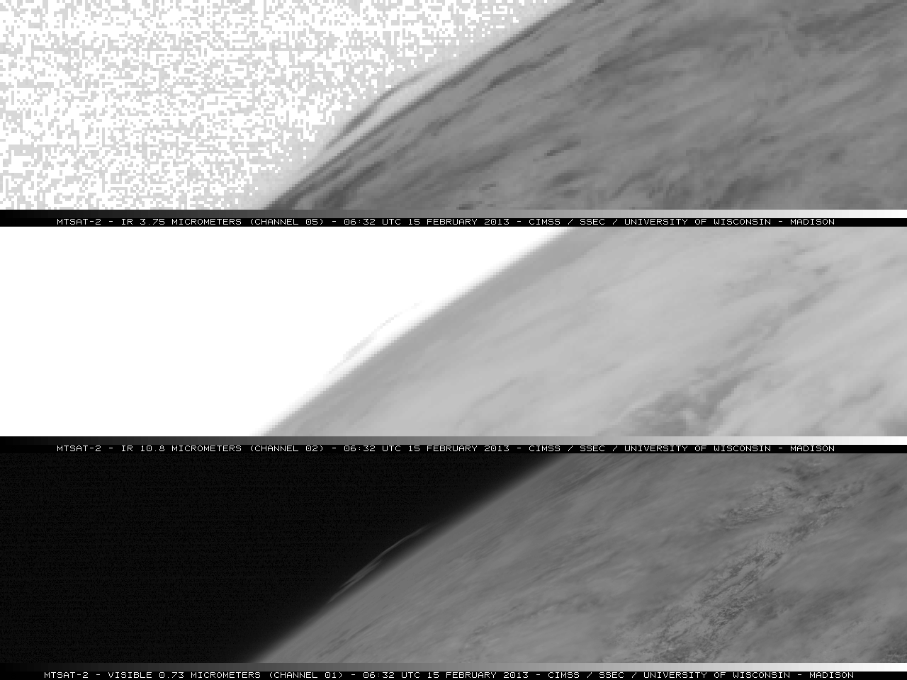 MTSAT-2 3.75 µm shortwave IR, 10.8 µm longwave IR, and 0.73 µm visible channel images (click image to play animation)