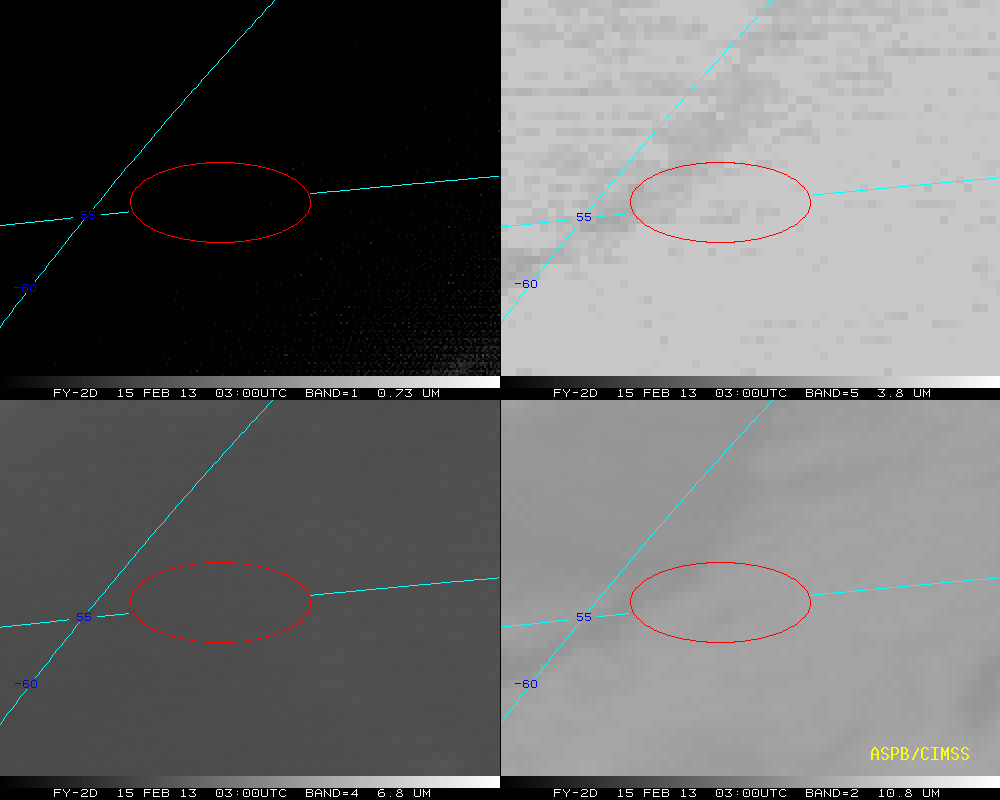 Before/after comparison of FY-2D 0.73 µm visible, 3.8 µm shortwave IR, 6.8 µm water vapor, and 10.8 µm IR window channel images