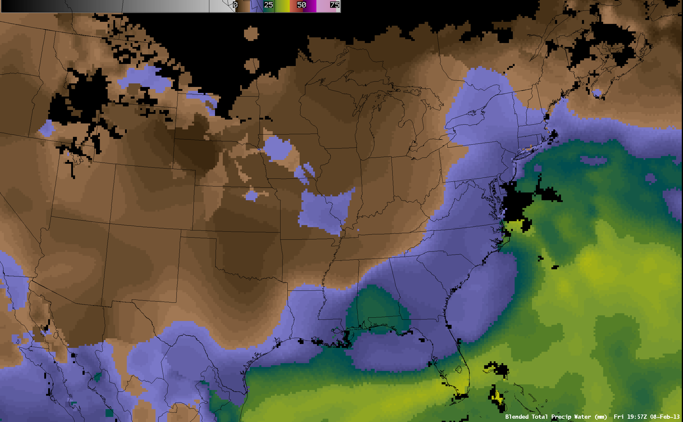 Blended Total Precipitable Water product (click image to play animation)