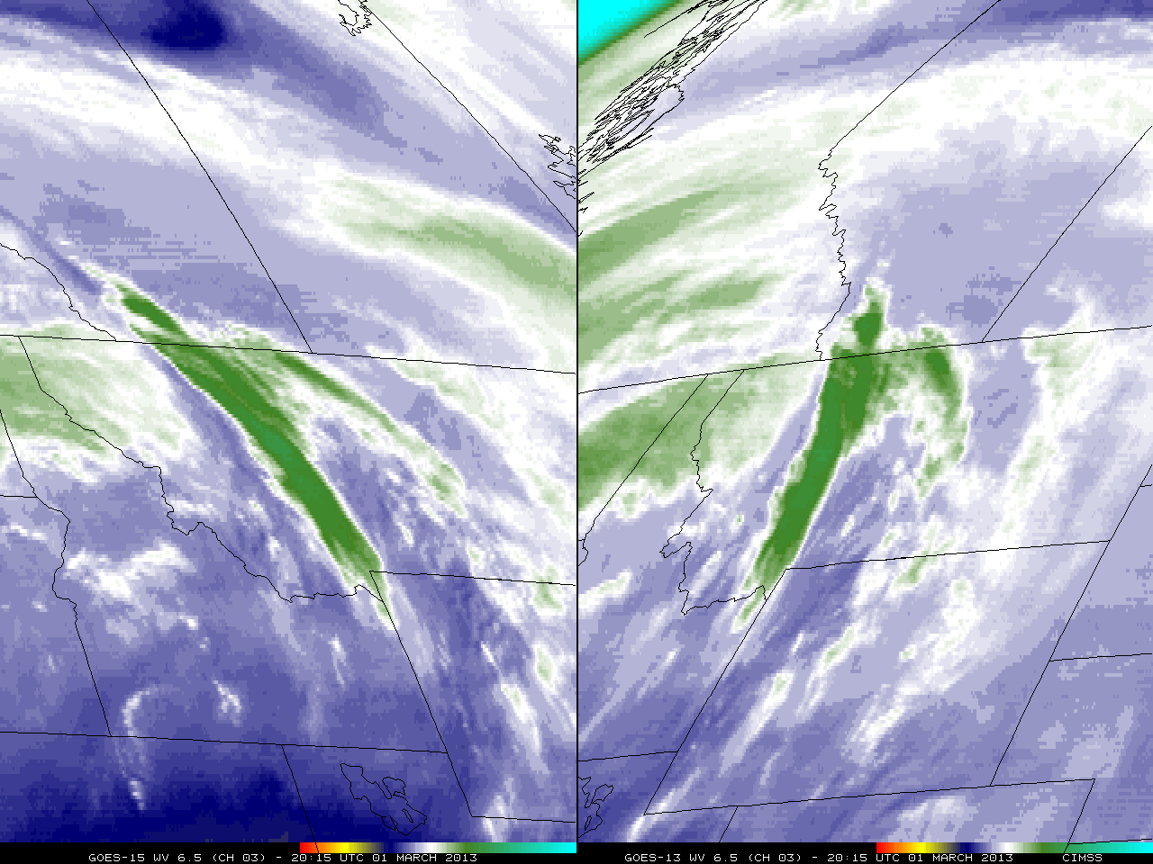 GOES-15 (left) and GOES-13 (right) 6.5 Âµm water vapor channel images (click image to play animation)