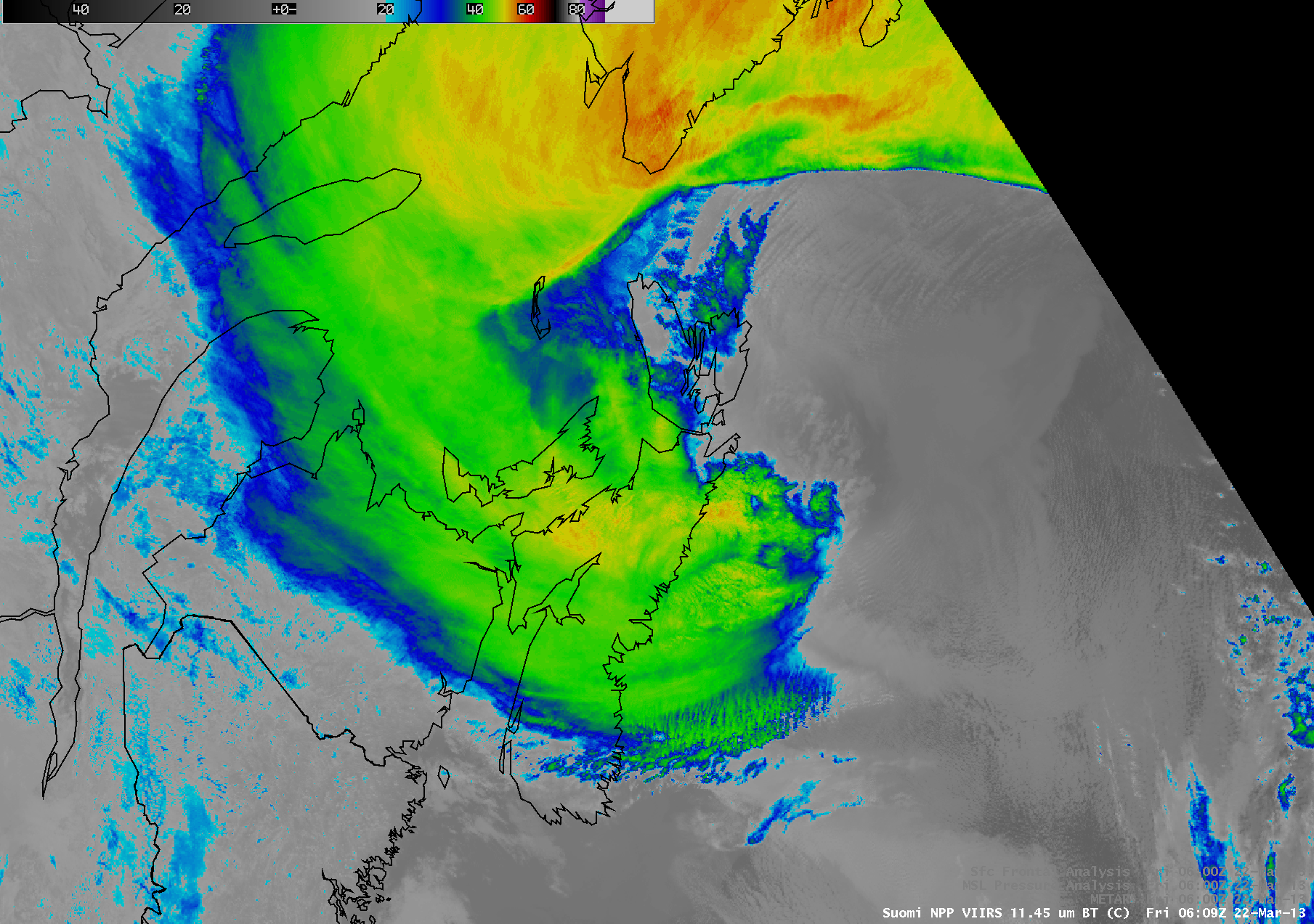 Suomi NPP VIIRS 11.45 Âµm IR channel and 0.7 Âµm Day/Night Band images (with overlays of surface reports and surface analysis)