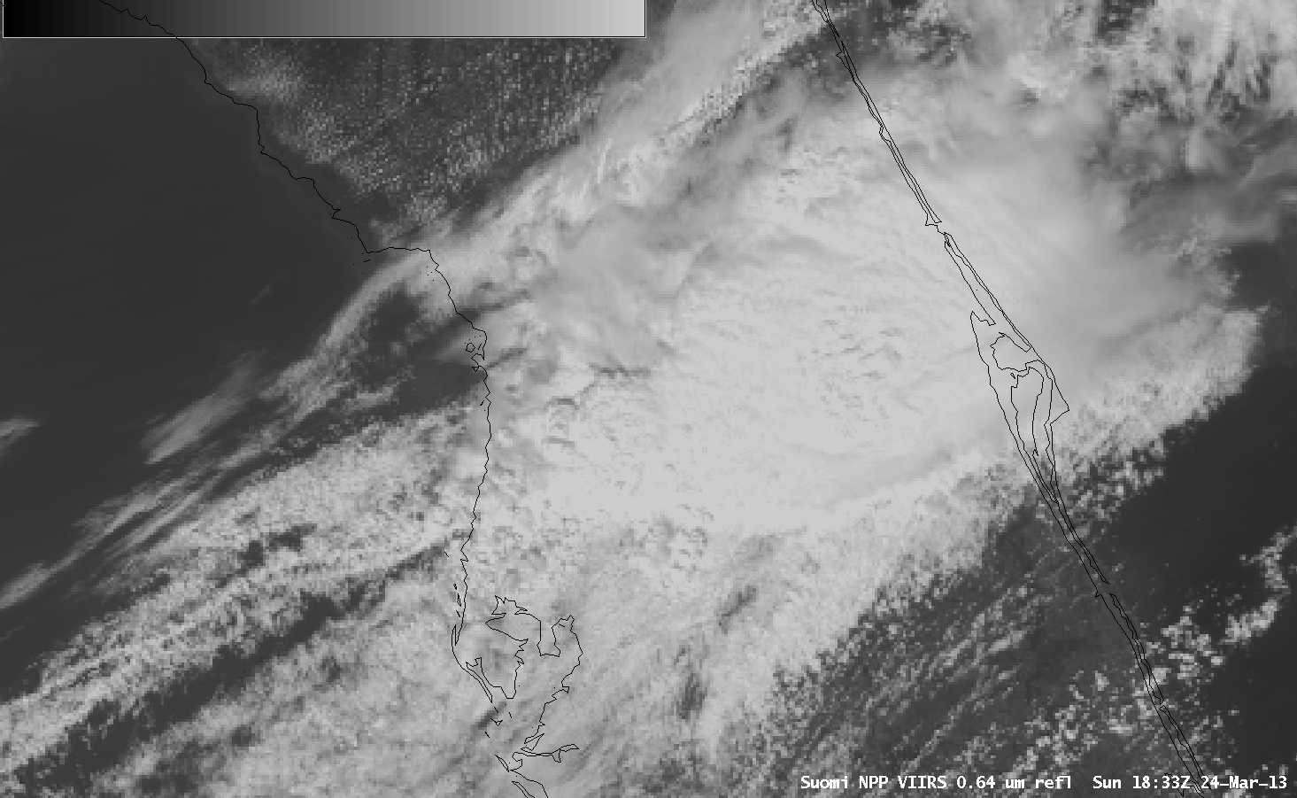 Suomi NPP VIIRS 0.64 Âµm visible channel and 11.45 Âµm IR channel images (with overlays of surface reports and severe weather reports)