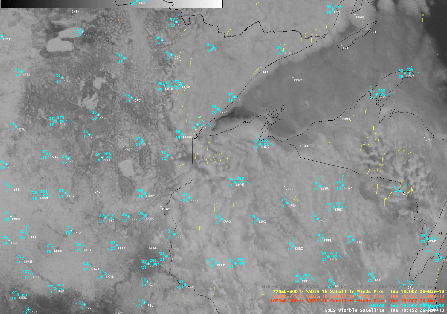GOES-13 0.63 Âµm visible channel images with MADIS 1-hour interval atmospheric motion vectors