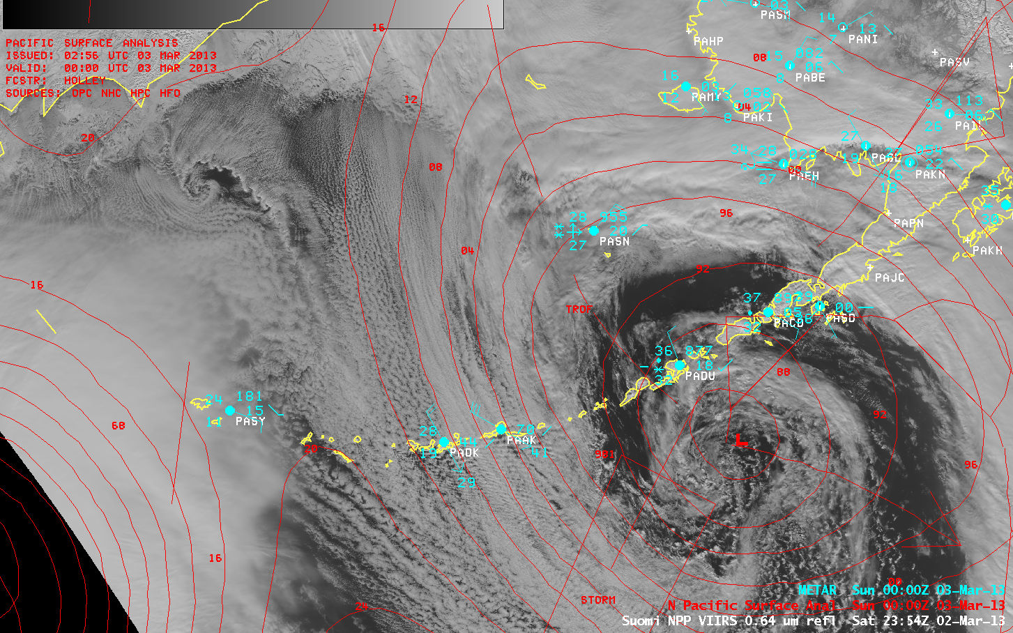 Suomi NPP VIIRS 0.64 Âµm visible channel image + Surface reports and surface analysis