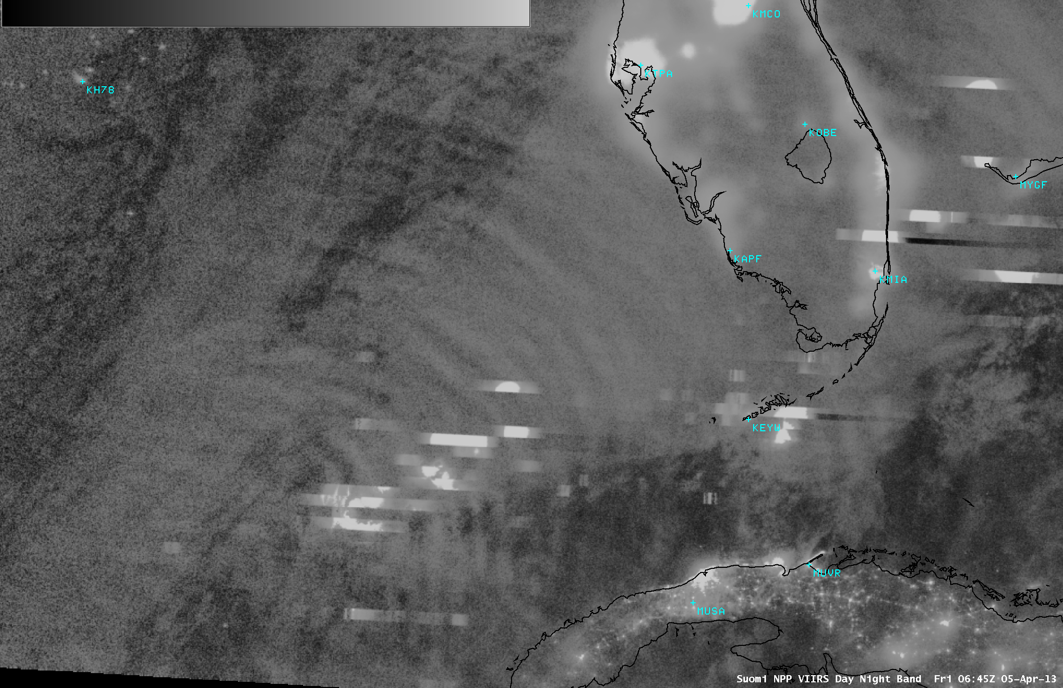 Suomi NPP VIIRS 0.7 Âµm Day/Night Band image with overlays of positive and negative cloud-to-ground lightning strikes