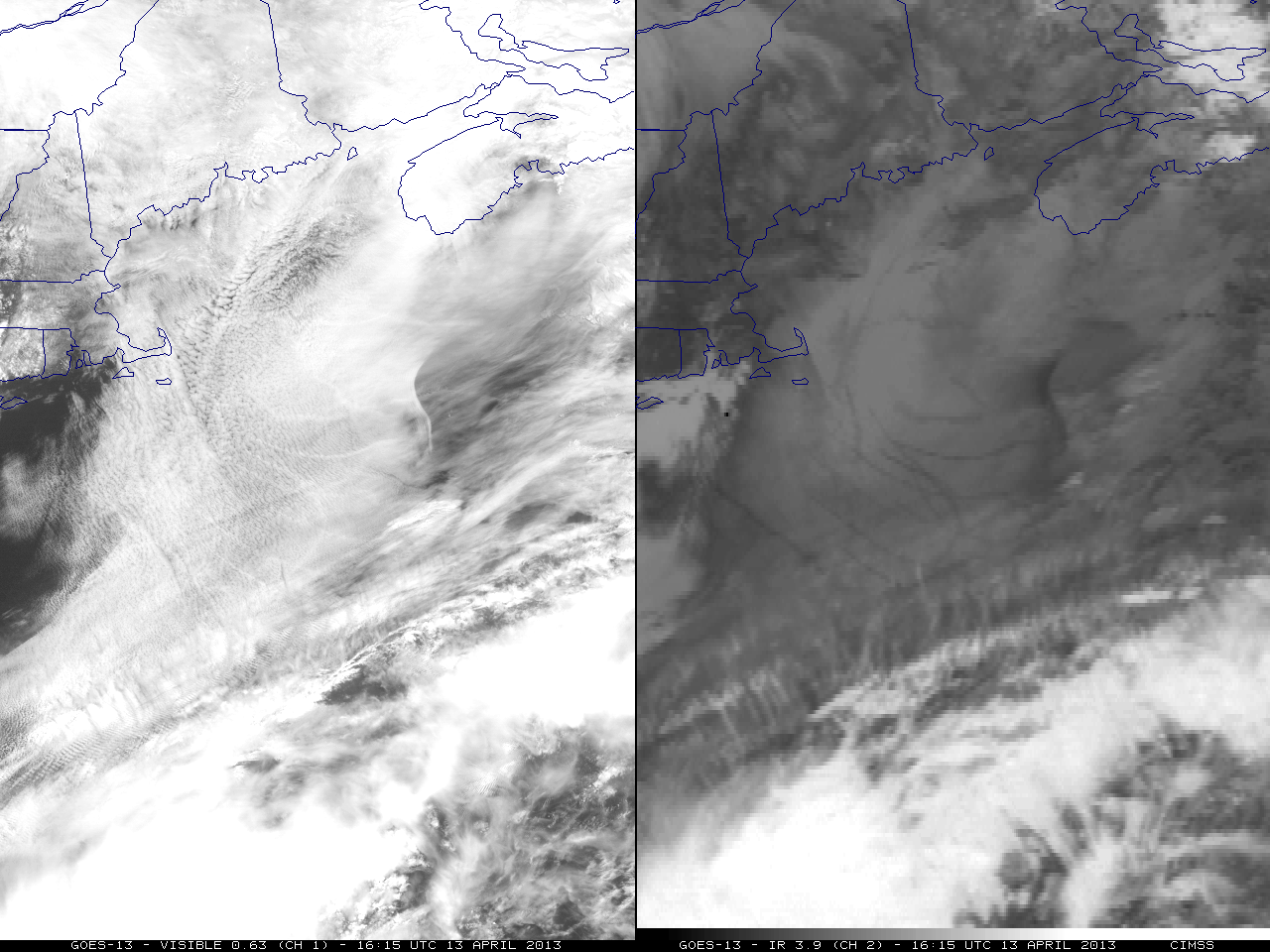 GOES-13 0.63 Âµm visible (left) and 3.9 Âµm shortwave IR (right) images (click image to play animation)