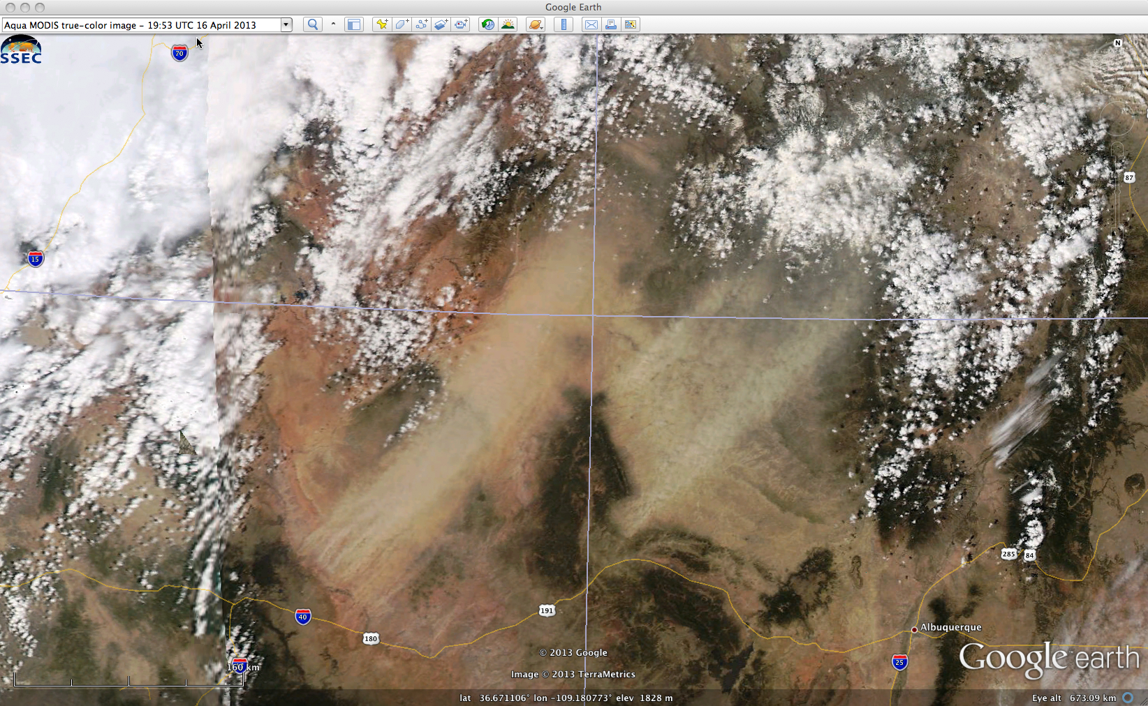 MODIS true-color Red/Green/Blue (RGB) image (displayed using Google Earth)