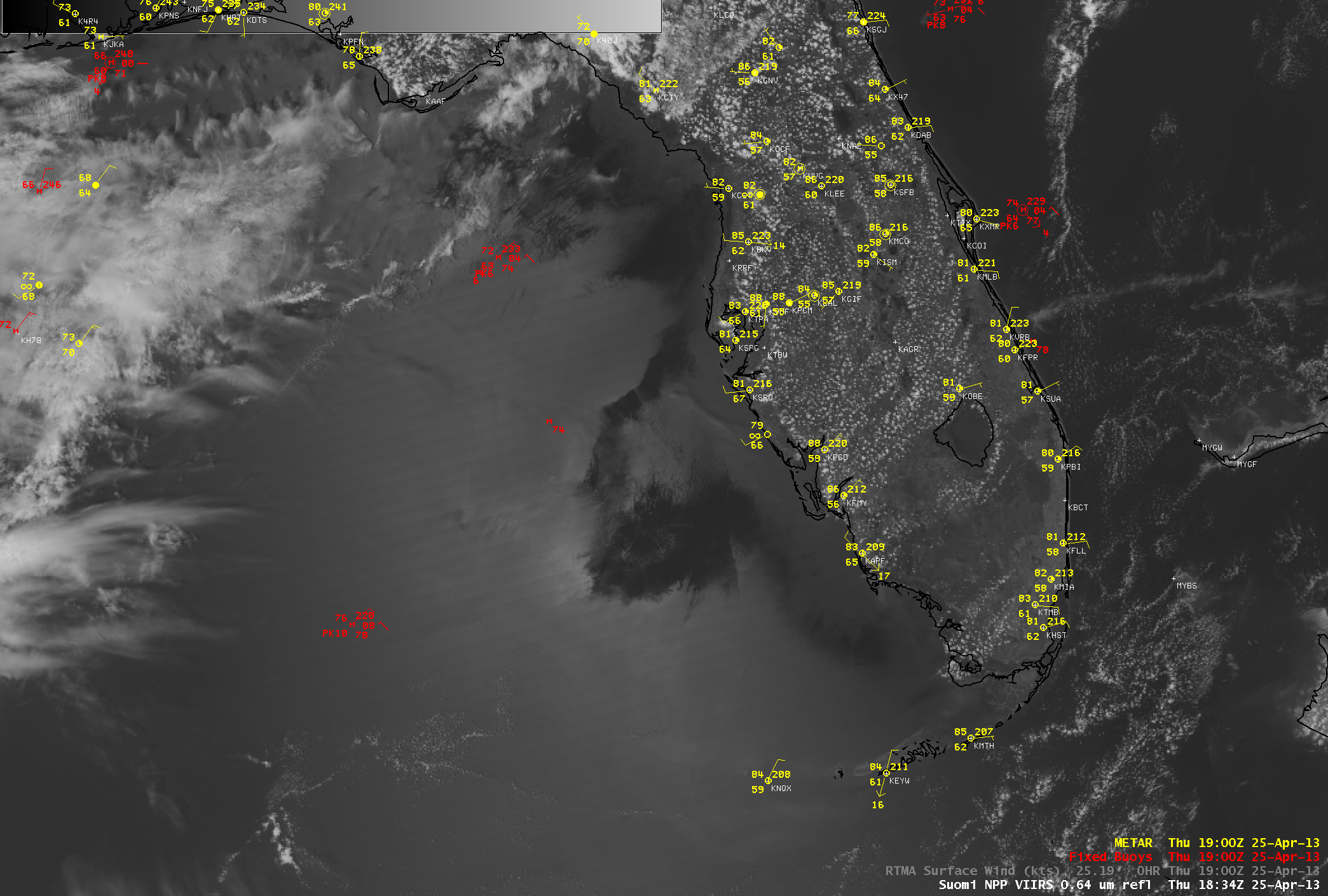 Suomi NPP VIIRS 0.65 Âµm visible channel image with overlays of surface reports and RTMA surface winds
