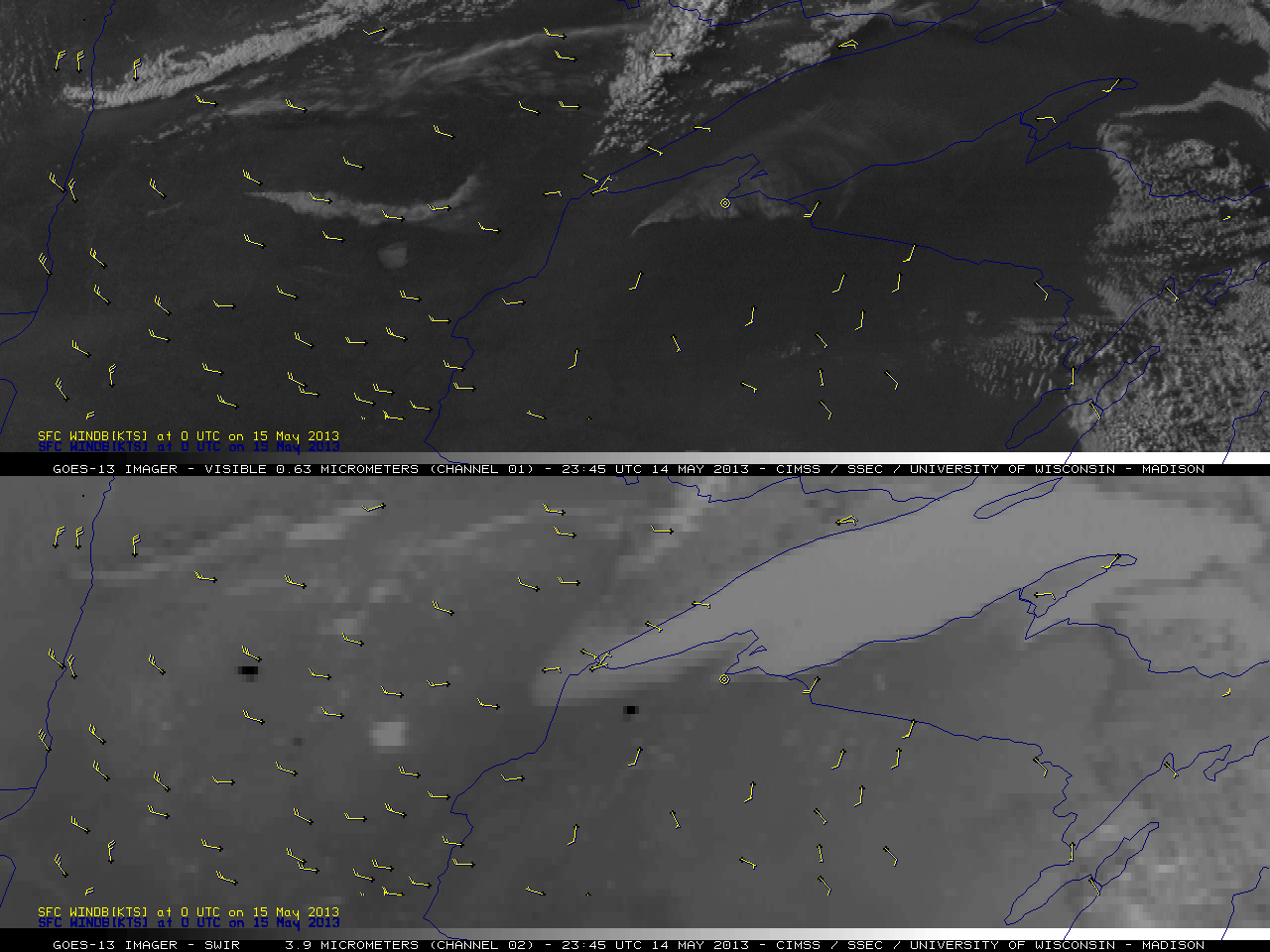 GOES-13 0.63 Âµm visible channel (top) and 3.9 Âµm shortwave IR channel (bottom) images (click to play animation)