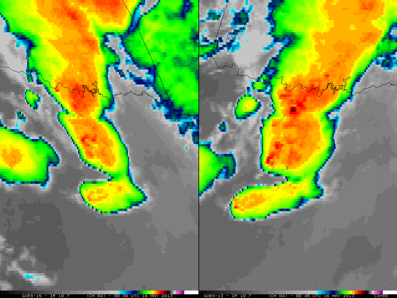 GOES-15 (left) and GOES-13 (right) 10.7 Âµm IR channel images (click image to play animation)