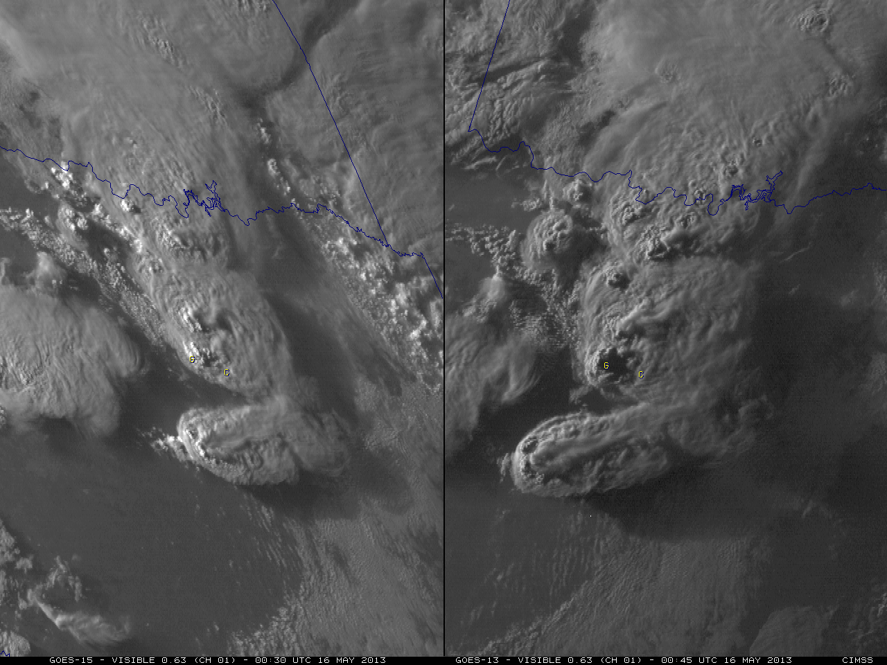 GOES-15 (left) and GOES-13 (right) 0.63 Âµm visible channel images (click image to play animation)