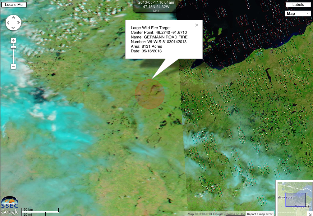 Aqua MODIS false-color image showing wildfire location and burn scar