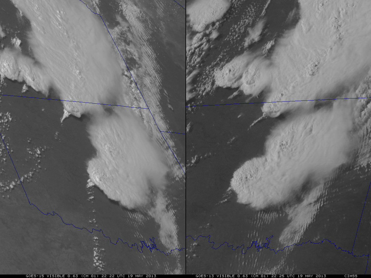GOES-15 (left) SRSO visible and GOES-13 (right) RSO visible images (click image to play animation)