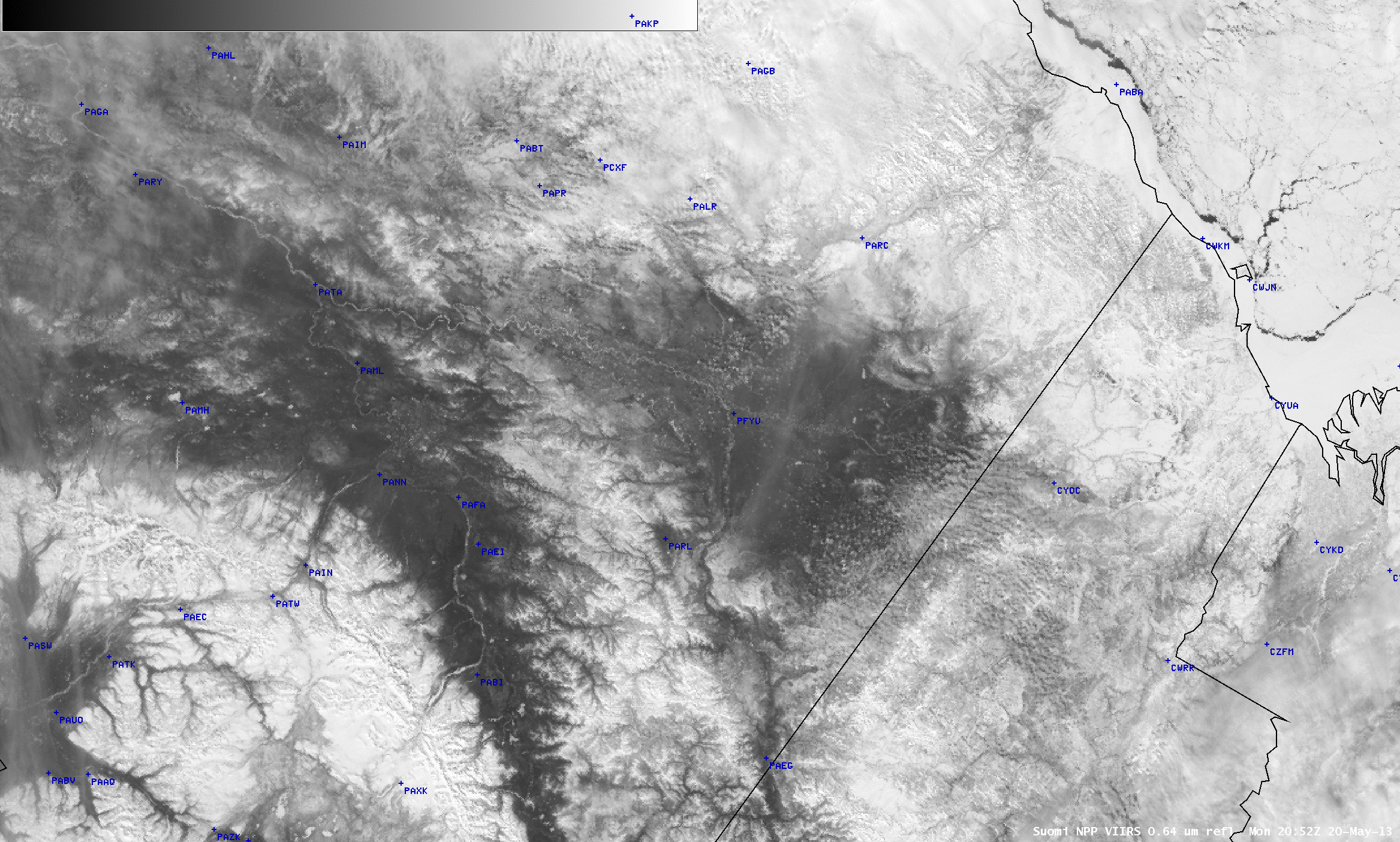 Suomi NPP VIIRS 0.64 Âµm visible channel, 0.86 Âµm "land/water" channel, and 1.61 Âµm "snow/ice channel" images