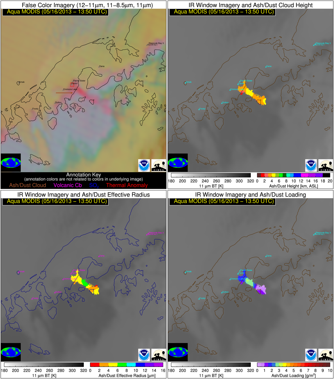 Volcanic plume characteristics derived from Aqua MODIS at 13:50 UTC