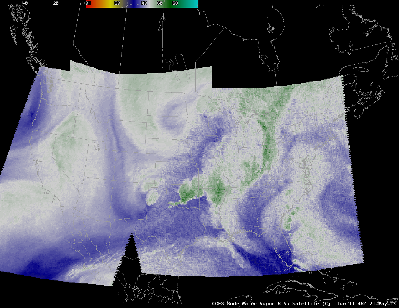 GOES sounder water vapor channel (6.5 Âµm) imagery from GOES-13 and GOES-14