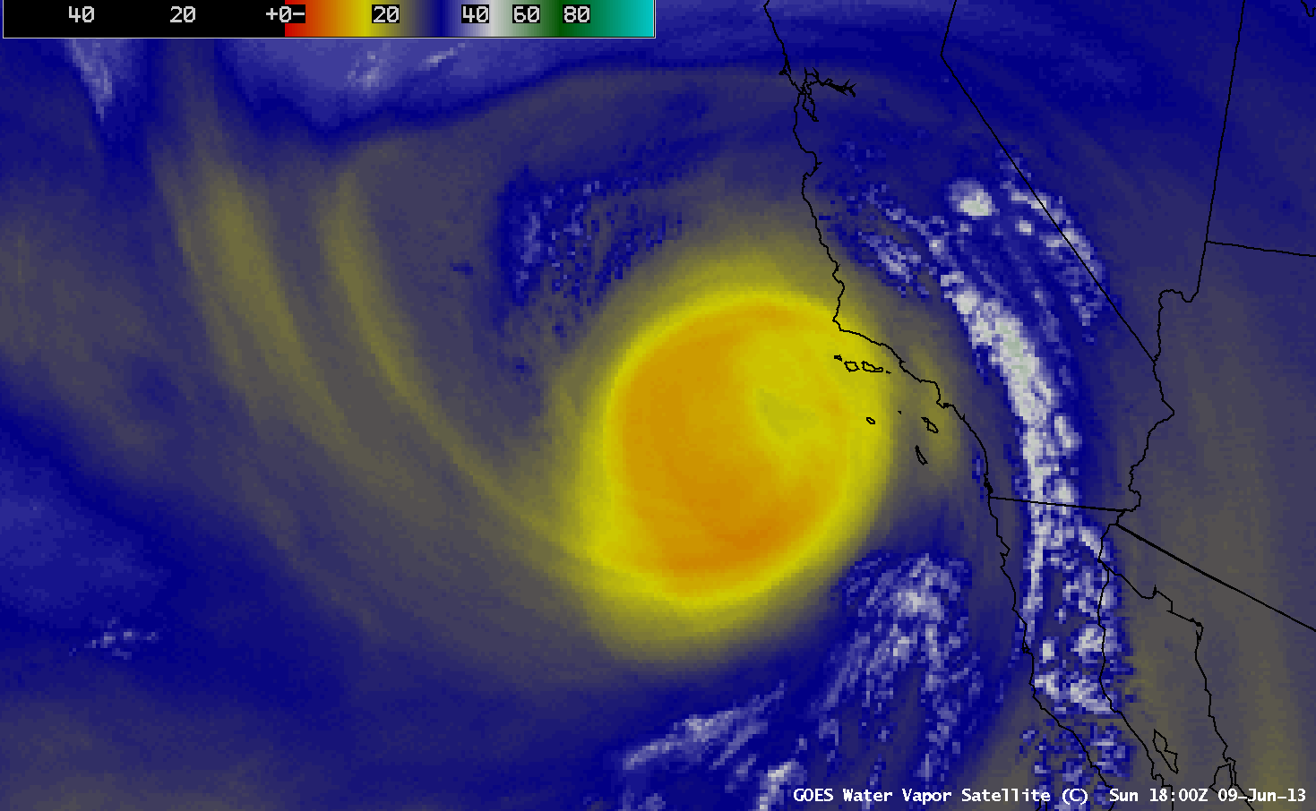 GOES-15 imager 6.5 Âµm water vapor channel image + GOES-15 sounder Total Column Ozone product (with overlays of CRAS model fields)