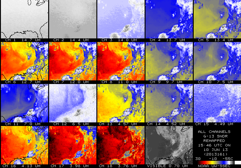 Comparison of the 19 Sounder bands on GOES-14 (14:46 UTC) and GOES-13 (15:46 UTC) 