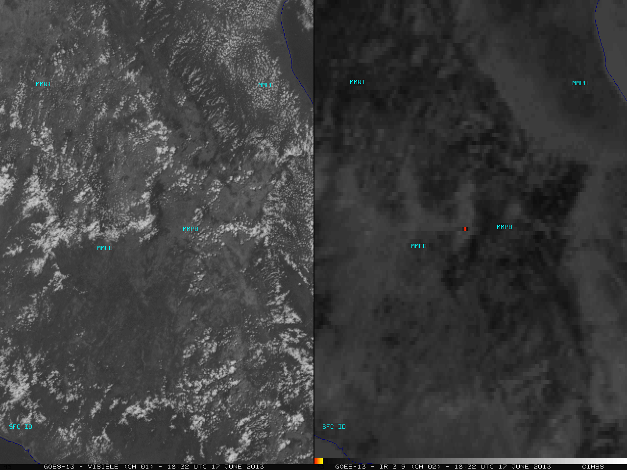GOES-13 visible channel and 3.9 Âµm shortwave IR images (click image to play animation)