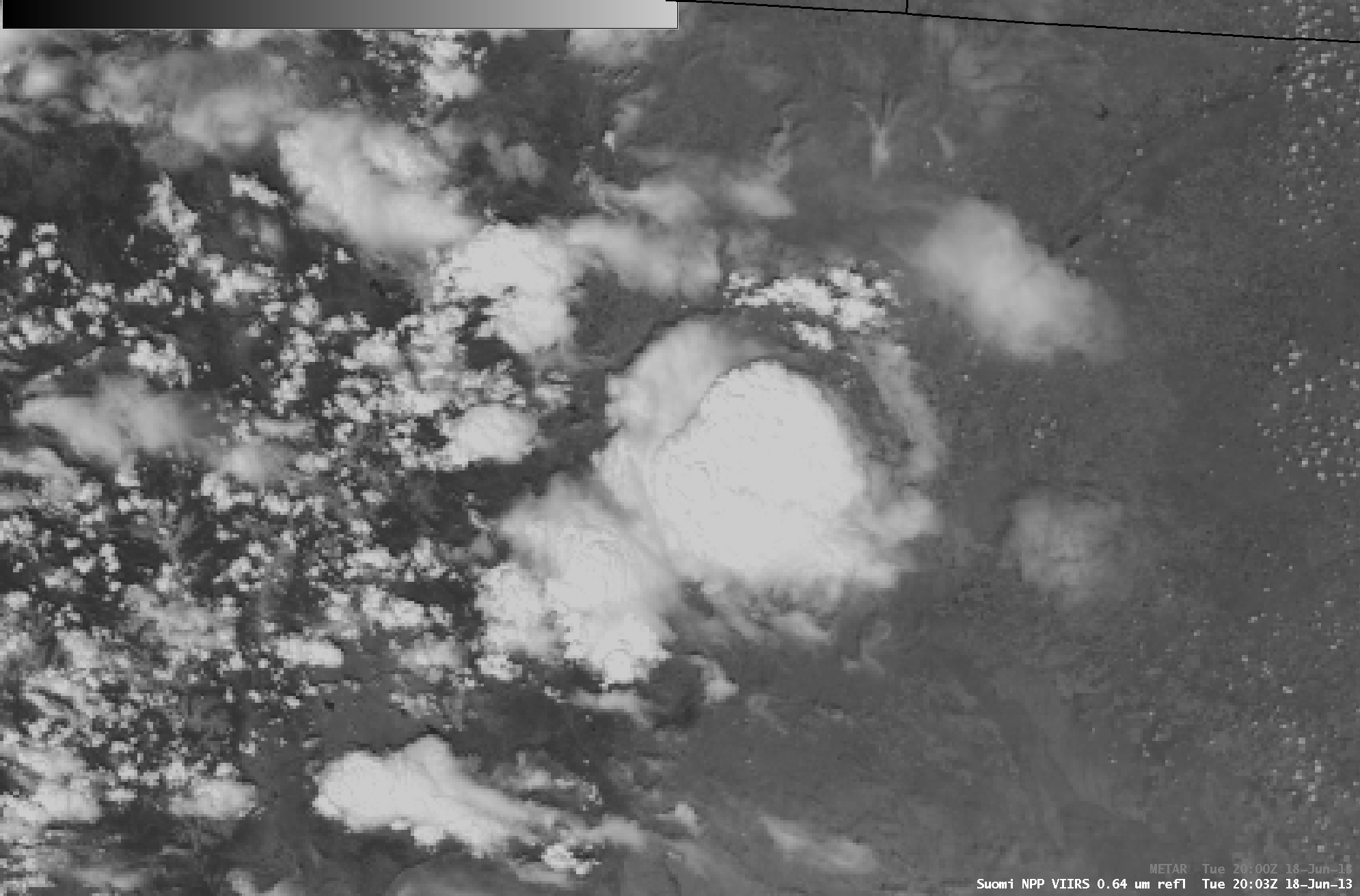 Suomi NPP VIIRS 0.64 um visible image and 11.45 um IR channel image (with overlay of METAR surface reports)