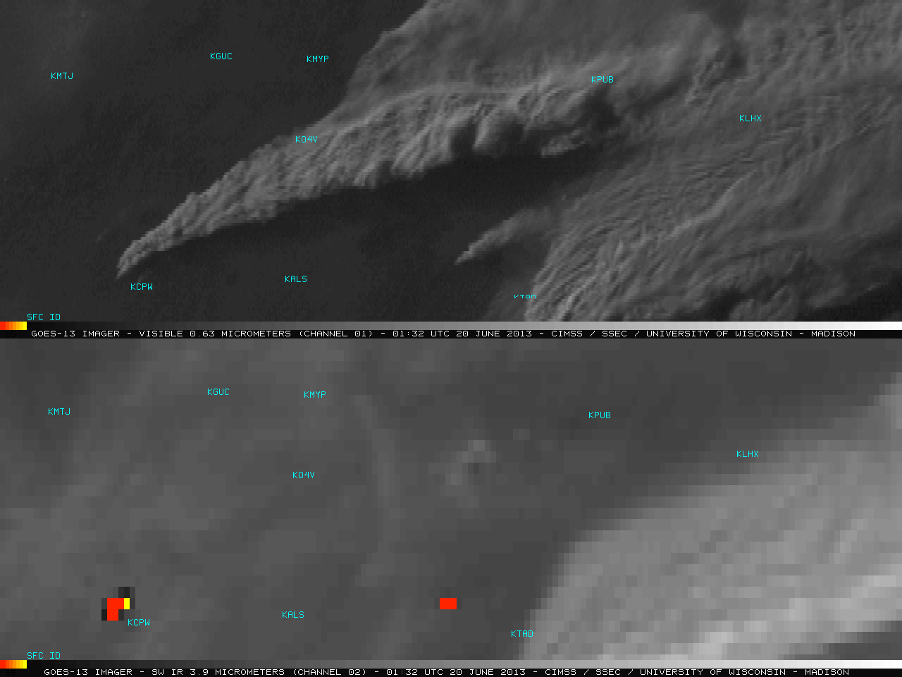 GOES-13 0.63 Âµm visible channel and 3.9 Âµm shortwave IR channel images (click image to play animation)