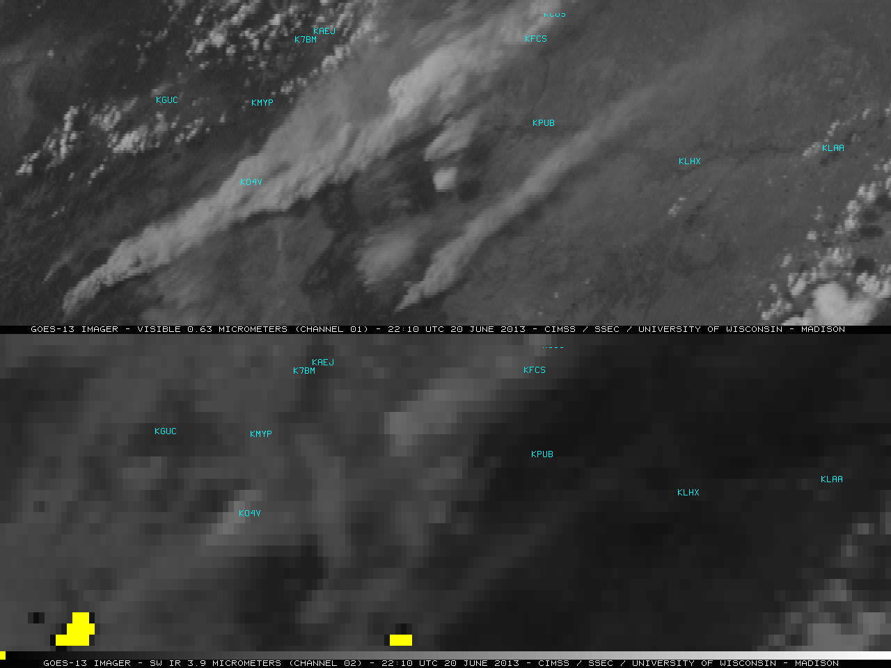 GOES-13 0.63 Âµm visible channel and 3.9 Âµm shortwave IR channel images (click image to play animation)