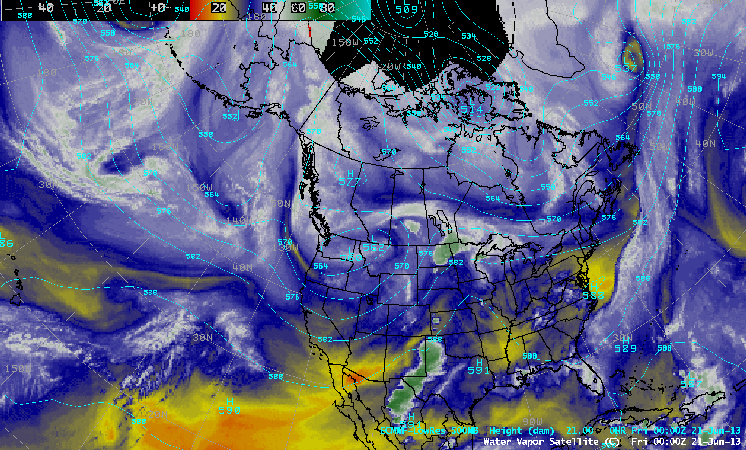 Water vapor image composites + ECMWF model 500 hPa geopotential heights