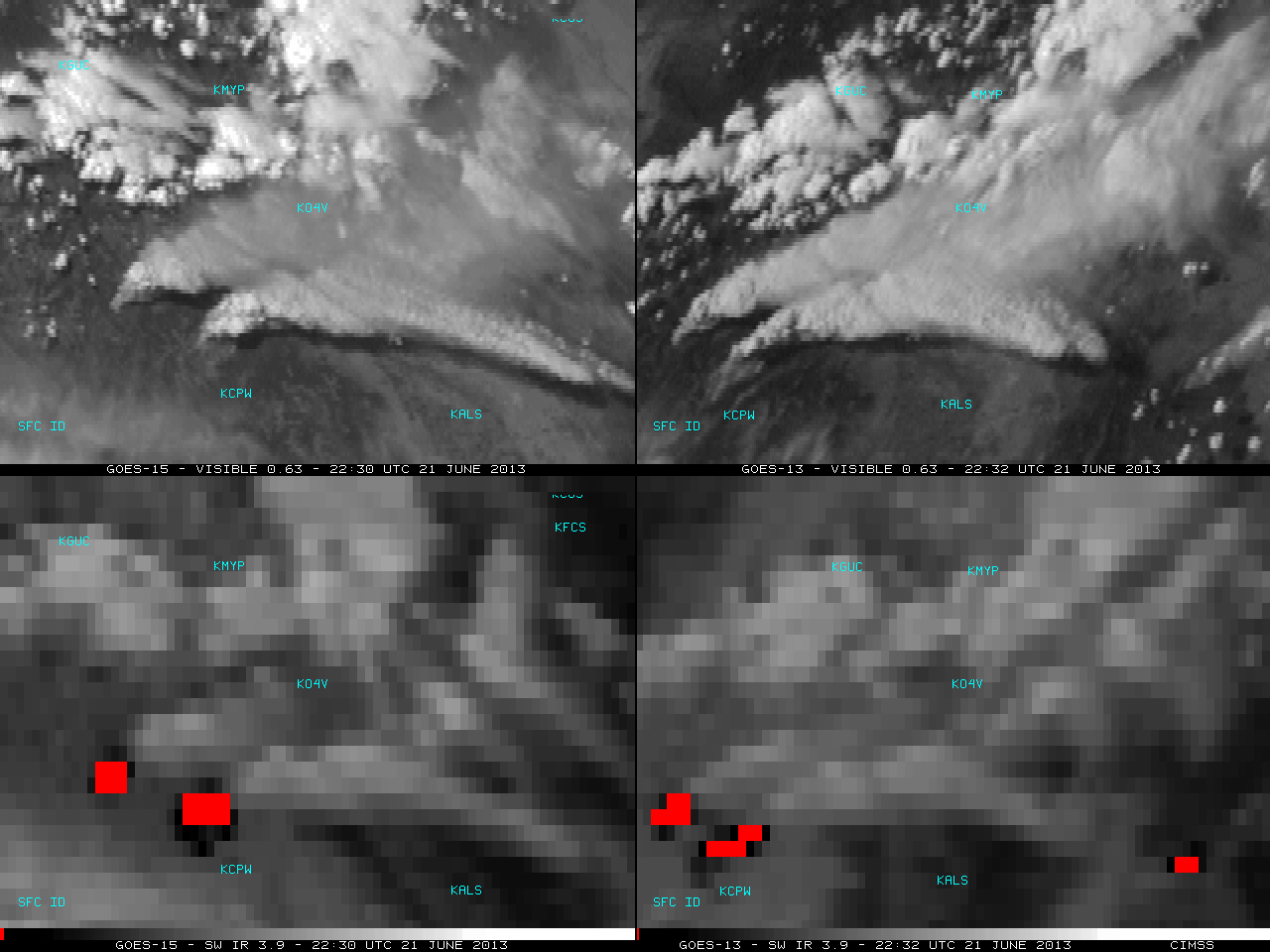 GOES-15 (left panels) and GOES-13 (right panels) visible and shortwave IR channel  images (click image to play animation)