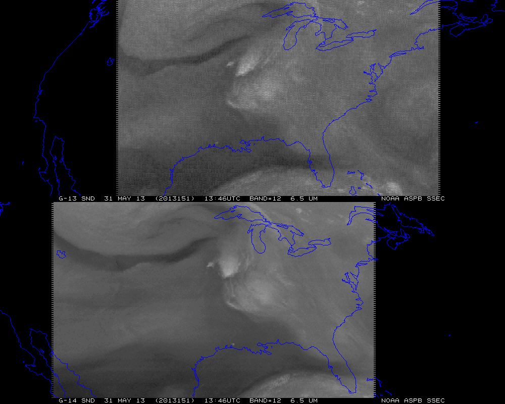 GOES-13 and GOES-14 6.5 Âµm Sounder Channels from 1346 UTC on 31 May 2013