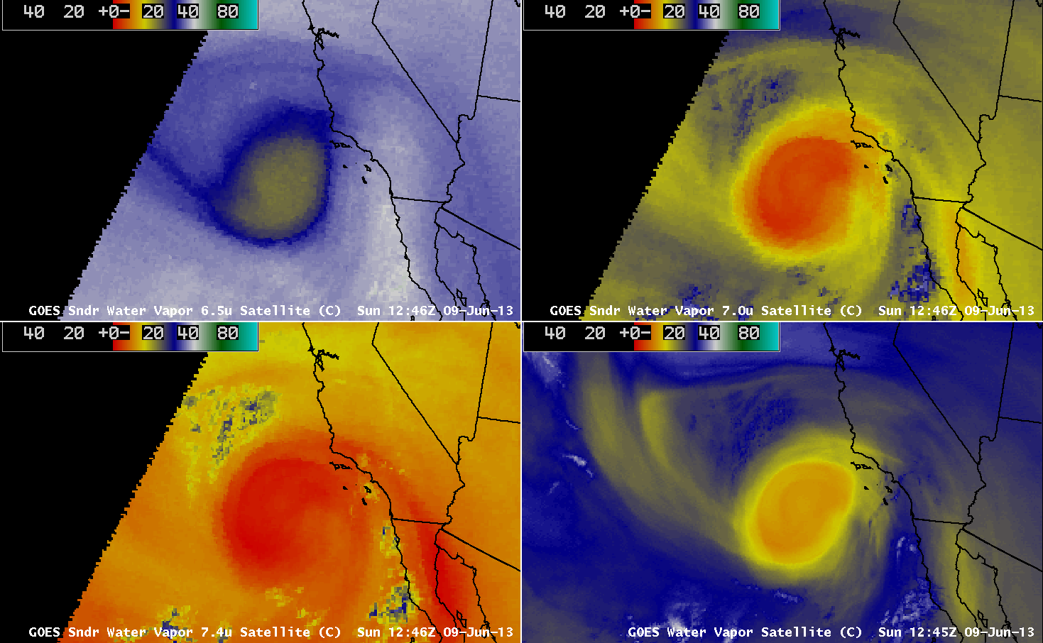 GOES-15 Sounder and Imager water vapor channel images (click mage to play animation)