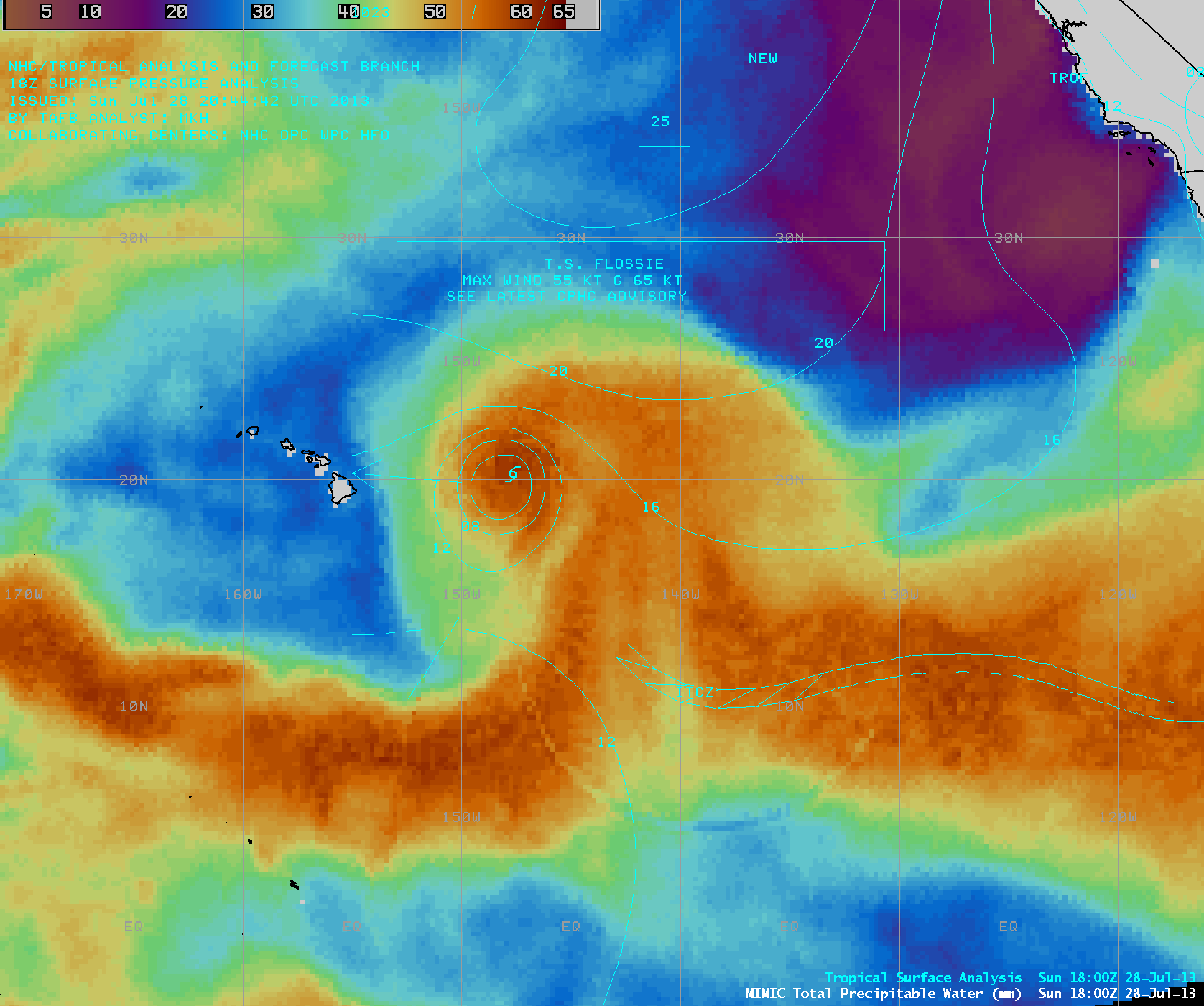 MIMIC Total Precipitable Water product with surface analyses