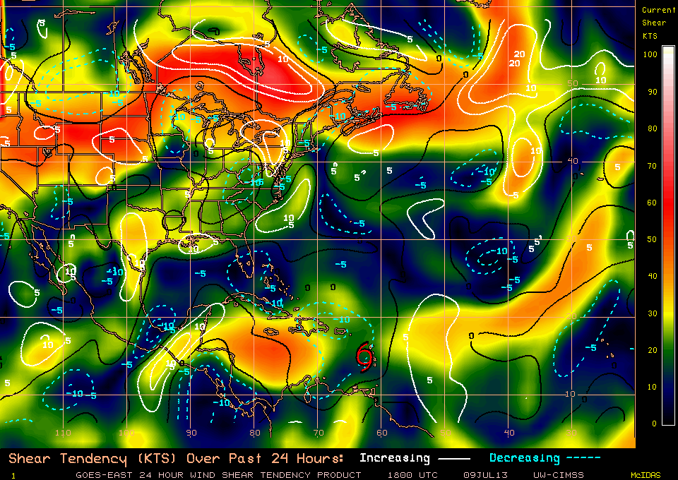 Wind Shear and Tendency, derived from Satellite data, 1800 UTC 9 July 2013