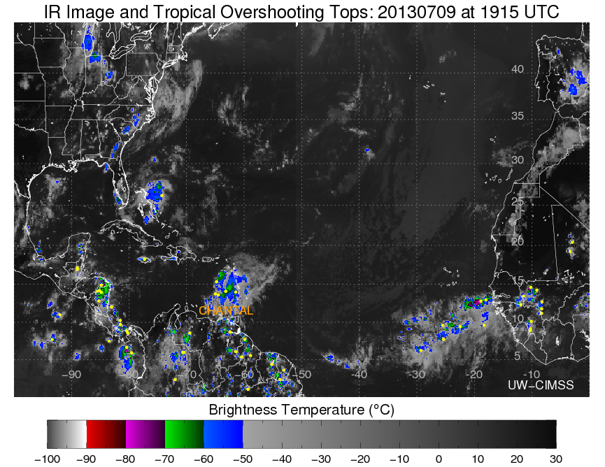 Objectively-determined Overshooting Tops over the Tropical Atlantic, 1915 UTC 9 July 2013