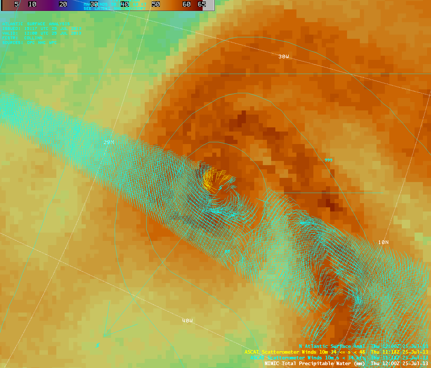 ASCAT Scatterometer winds, and Total Precipitable Water, around 1100 UTC on 25 July 2013