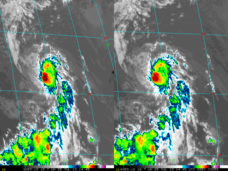 GOES-13 (left) and GOES-12 (right) 10.7 Âµm imagery