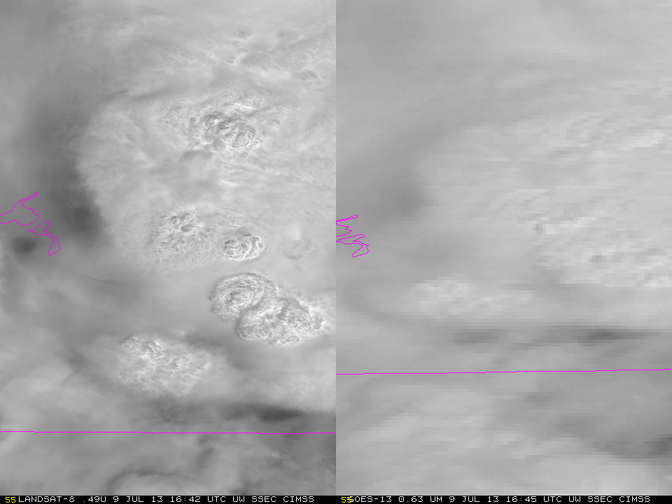 Landsat-8 and GOES-13 views of Convection over Southern Wisconsin