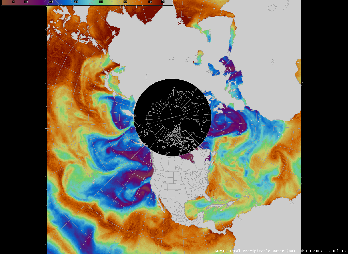 MIMIC Total Precipitable Water, 1300 UTC 25 July 2013