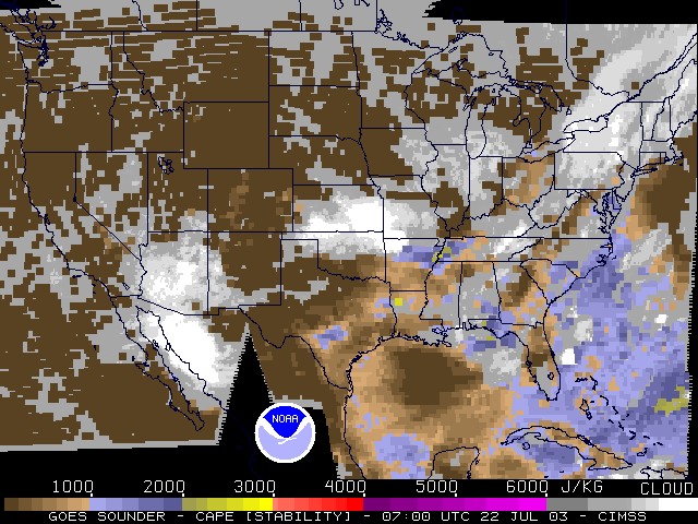 GOES-10/GOES-12 Sounder-Derived Convective Available Potential Energy (CAPE) (3x3 Field of View) (Click Image to play animation)