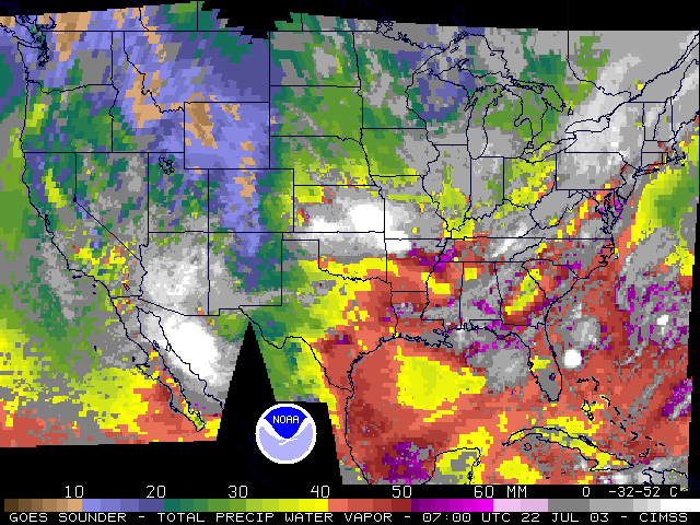 GOES-10/GOES-12 Sounder-Derived Total Precipitable Water (3x3 Field of View) (Click Image to play animation)
