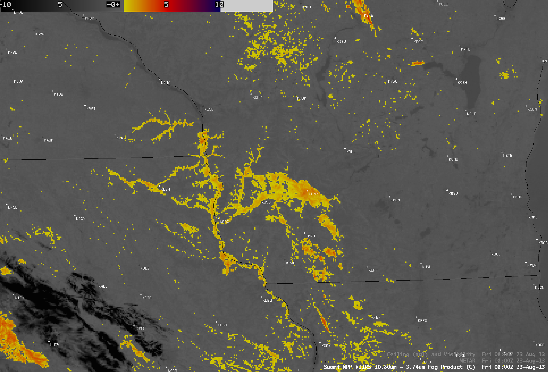 Suomi NPP VIIRS and GOES-13 IR brightness temperature difference "Fog/stratus product" images