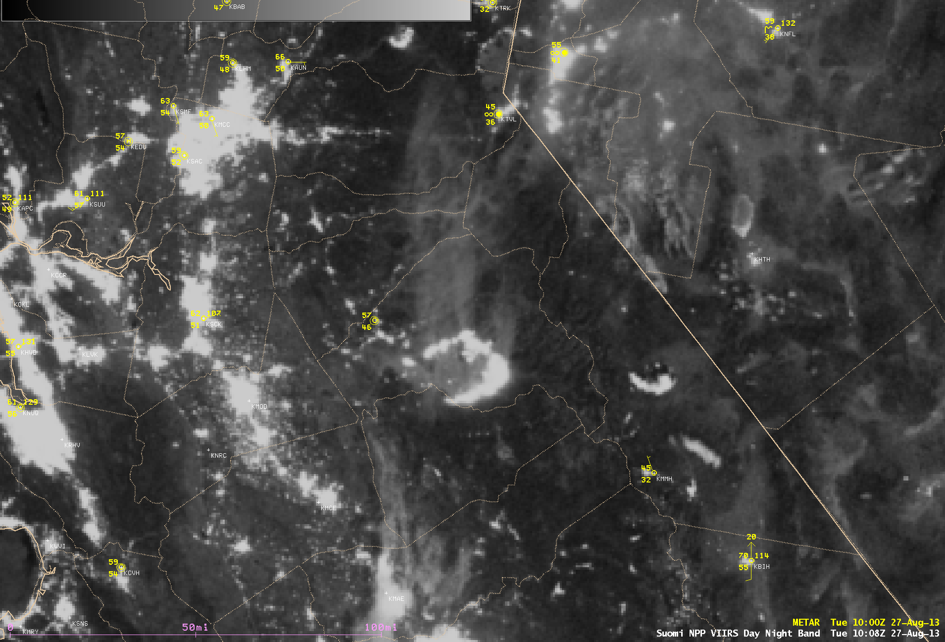 Suomi NPP VIIRS 0.7 Âµm Day/Night Band and 3.74 Âµm shortwave IR images (27 August)