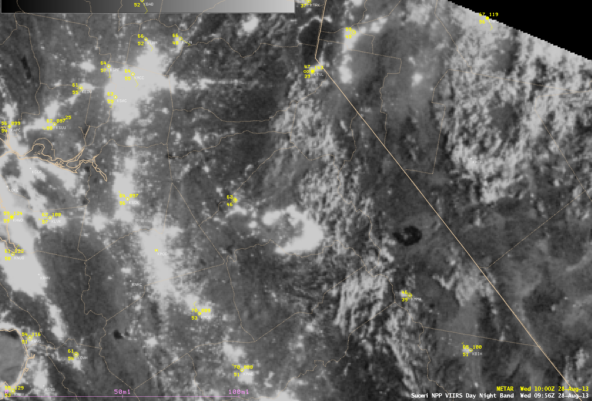 Suomi NPP VIIRS 0.7 Âµm Day/Night Band and 3.74 Âµm shortwave IR images (28 August)