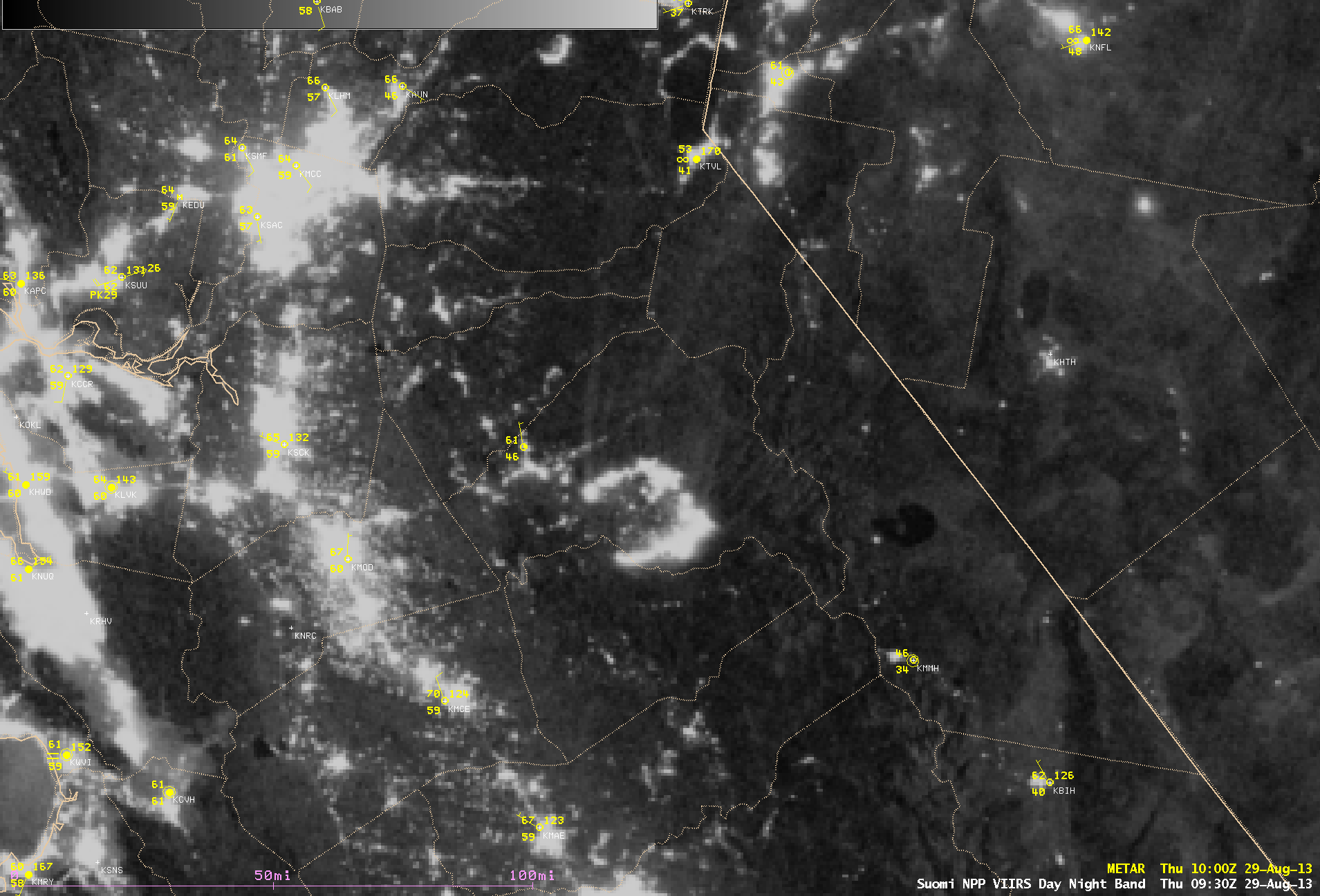 Suomi NPP VIIRS 0.7 Âµm Day/Night Band and 3.74 Âµm shortwave IR images (29 August)