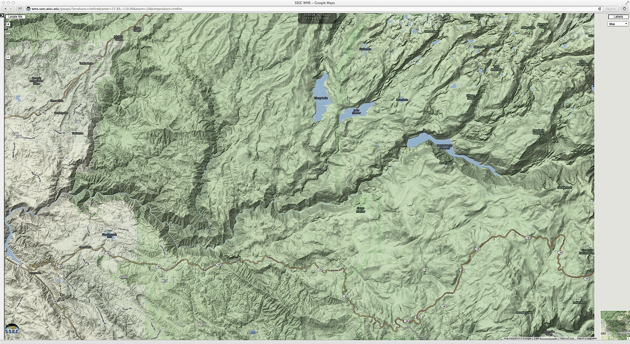 Google Maps terrain, with Landsat-8 false-color Red/Green/Blue (RGB) false-color image