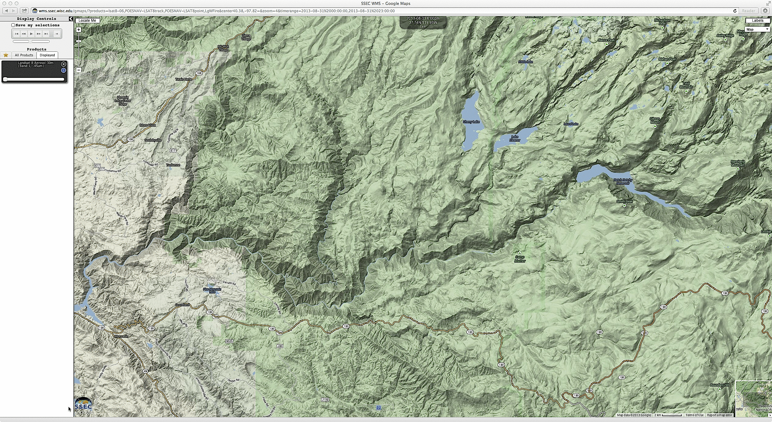 Google Maps terrain, with Landsat-8 0.45 Âµm visible channel and 2.29 Âµm shortwave IR channel images