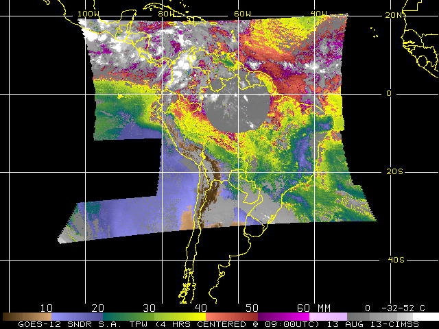 GOES-12 DPI Total Precipitable Water and Cloud-Top Pressure, nominal time of 1100 UTC 13 August 2013