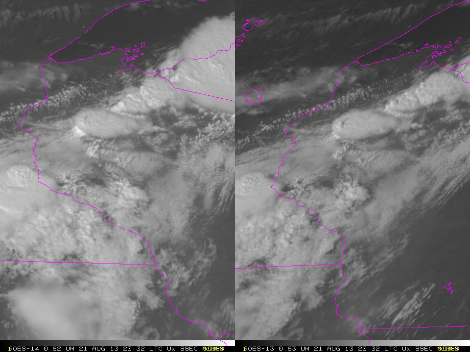 GOES-14 (left, SRSO-R) and GOES-13 (right) 0.63 Âµm visible channel images (click image to play animation)